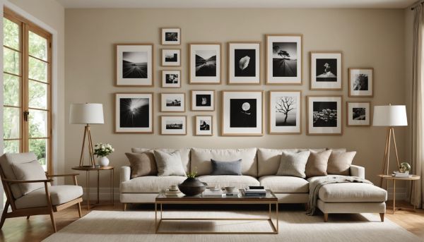 Habiller un pan de mur avec des cadres en bois brut et épuré chic