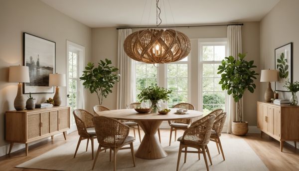 Suspendre un lustre en rotin naturel au-dessus de la table à manger